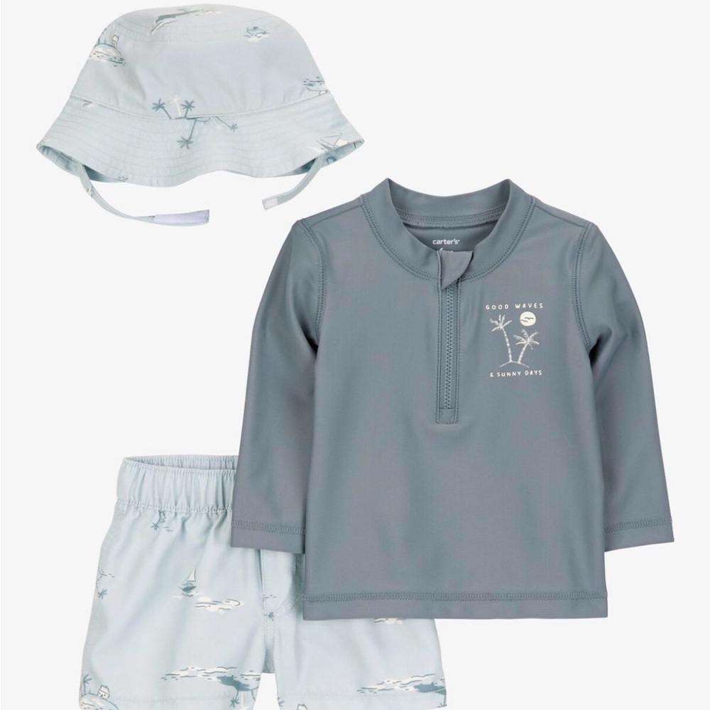 Carter’s Baby 3-Piece Long-Sleeve Rashguard, Swim Trunk & Hat Set - Size 12M
